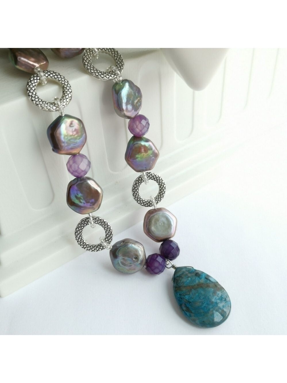 Handmade Peacock coin pearl and quartz necklace 🆕